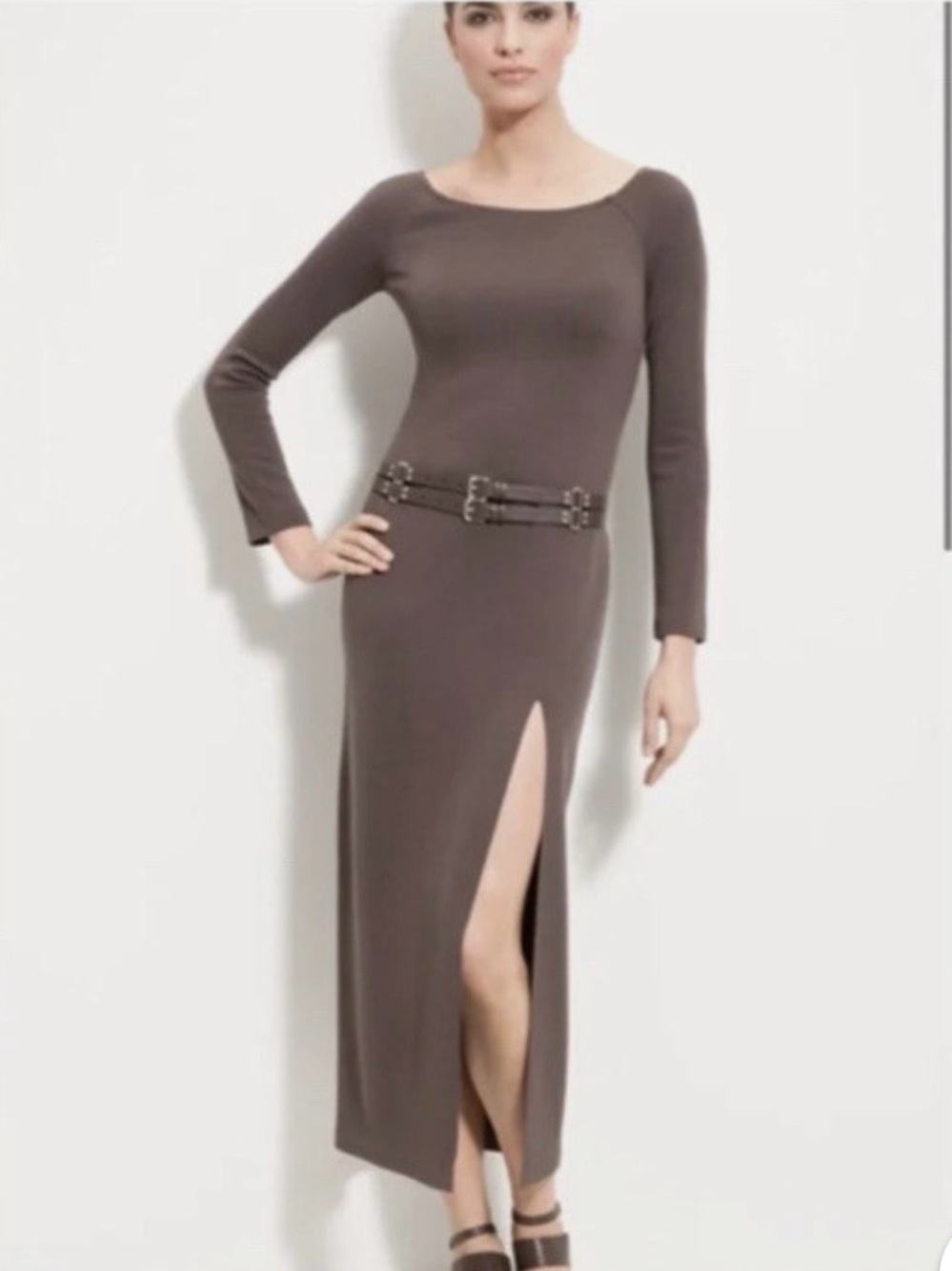 St. John Long Sleeve Wool Blend Knit Taupe Maxi Dress with Side Slit